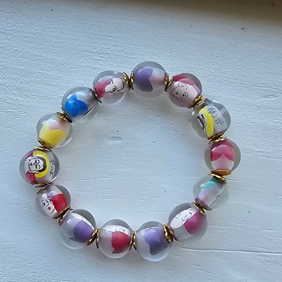 Vintage Chinese Reverse Painted Glass Buddha Beads on Stretch Bracelet - Picture 3 of 7